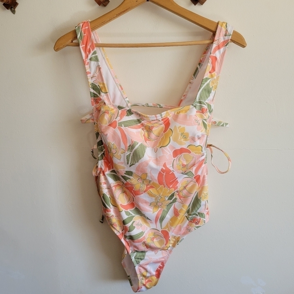 Hurley One Piece Swimsuit Cutouts Floral Pink Orange Medium